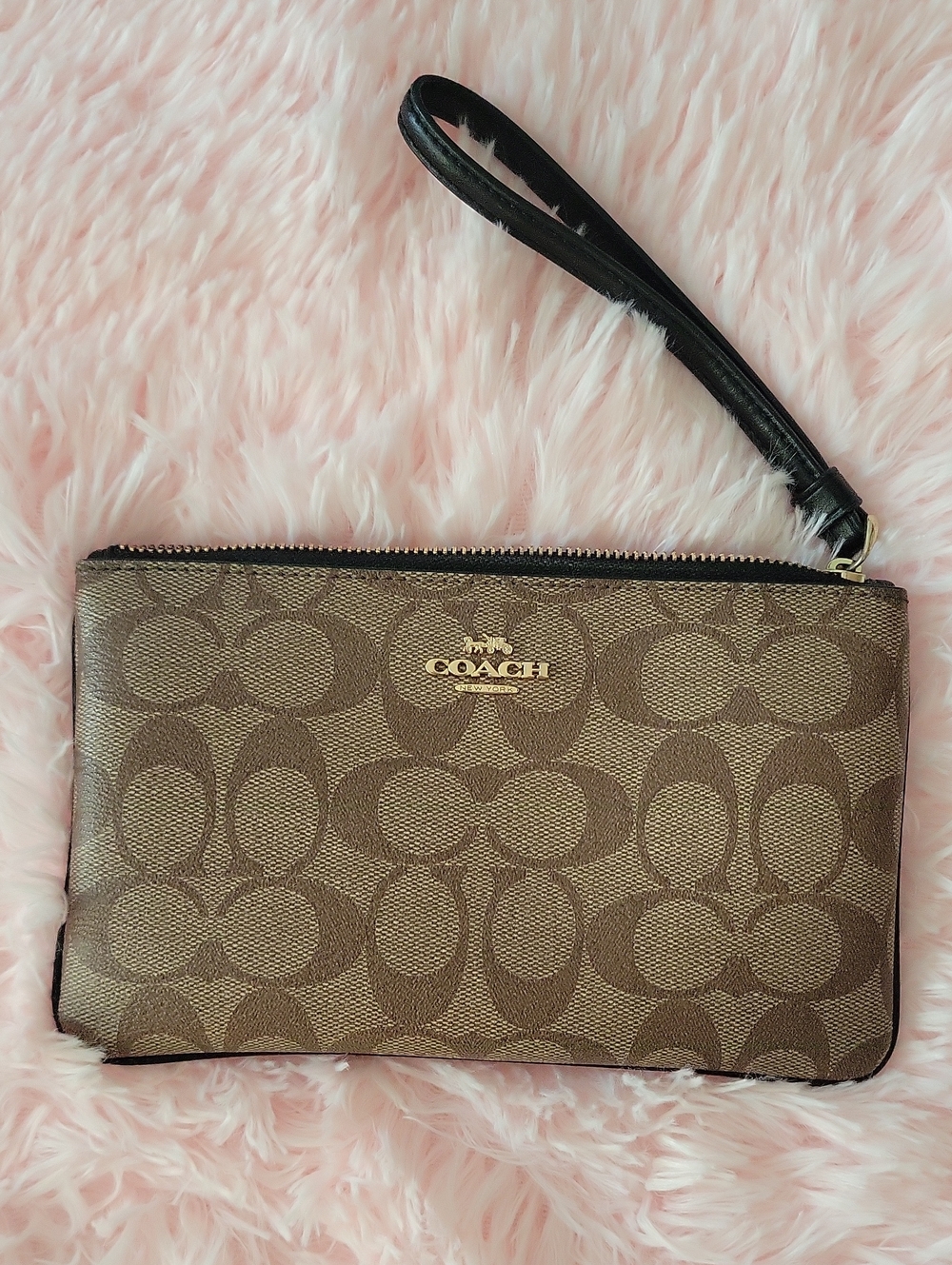Large Coach Brown Signature Logo Wristlet with Black Strap